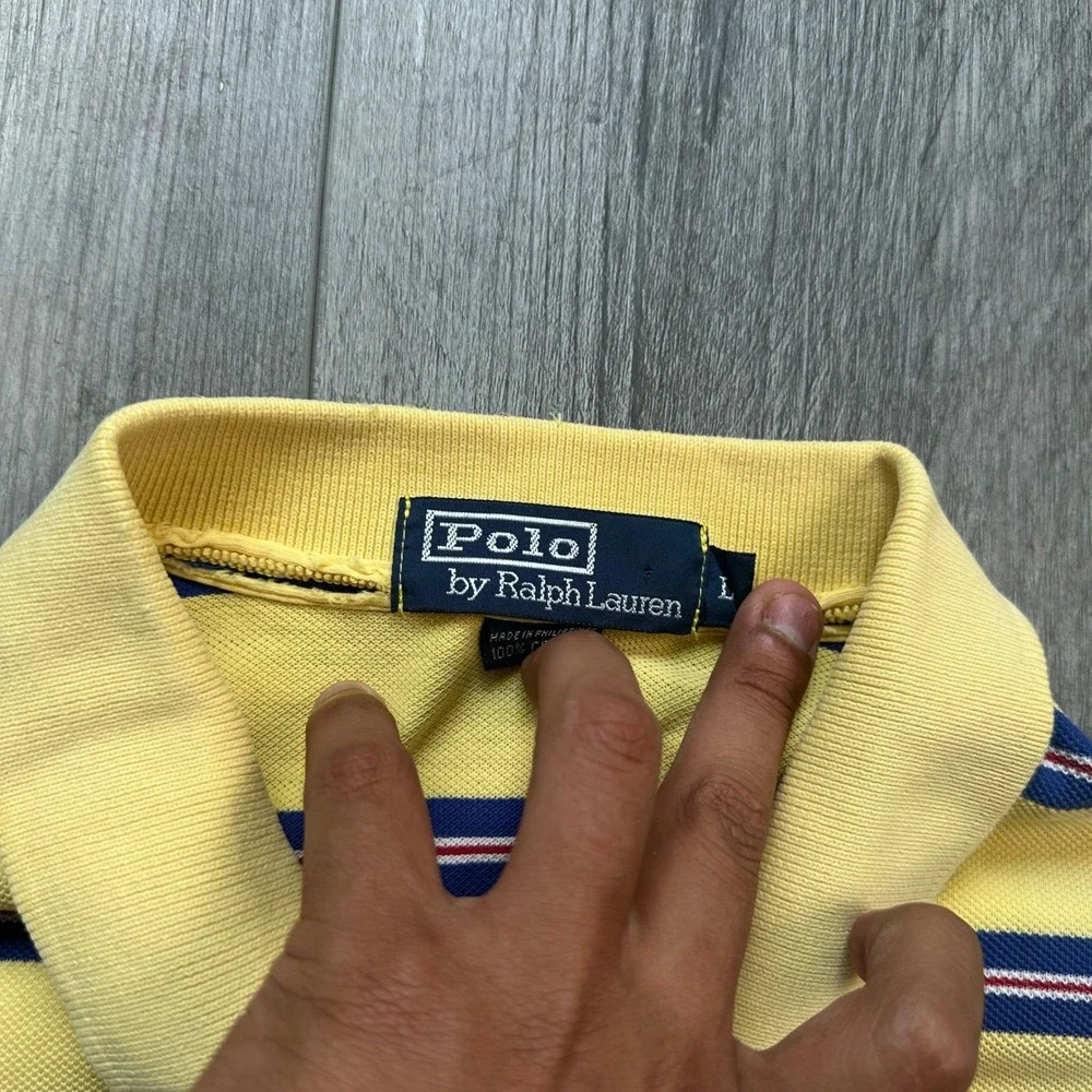 VTG Y2K Polo Ralph Lauren Yellow Blue Striped Polo Shirt Pony Logo Size L